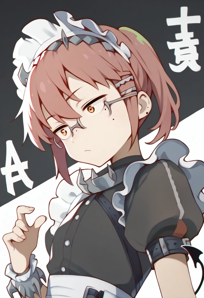 1girl,((Kobayashi, (Bust size very very small.)), (flat chest:1.2),)) ,maid_headdress,black_dress,wrist_cuffs,puffy_short_sleeves,mole_under_eye,frilled_dress,black_pantyhose, full body shot, Greeting, Five fingers on both hands, Cheerful,