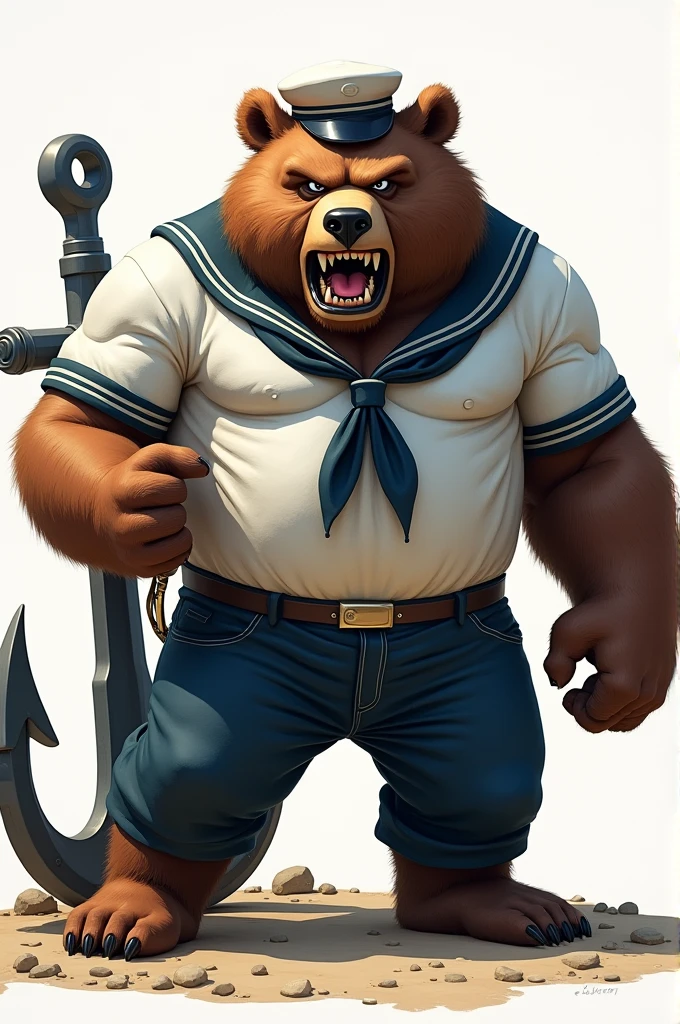 Very muscular angry bear dressed as a sailor with beer giant anchor without water