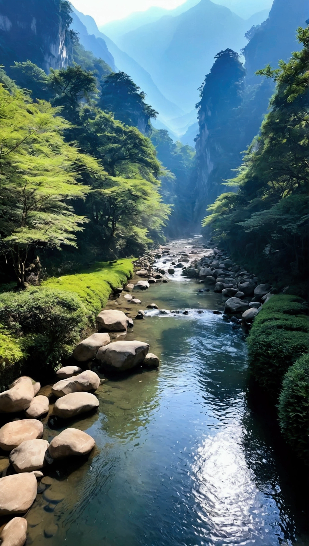 Taking photos in the creek，The stream is clear and flowing，Like the mountains in Zhangjiajie，Mountain tops shrouded in mist，Looming，Sunlight on the mountains，Like a Chinese ink painting，Clear tones
