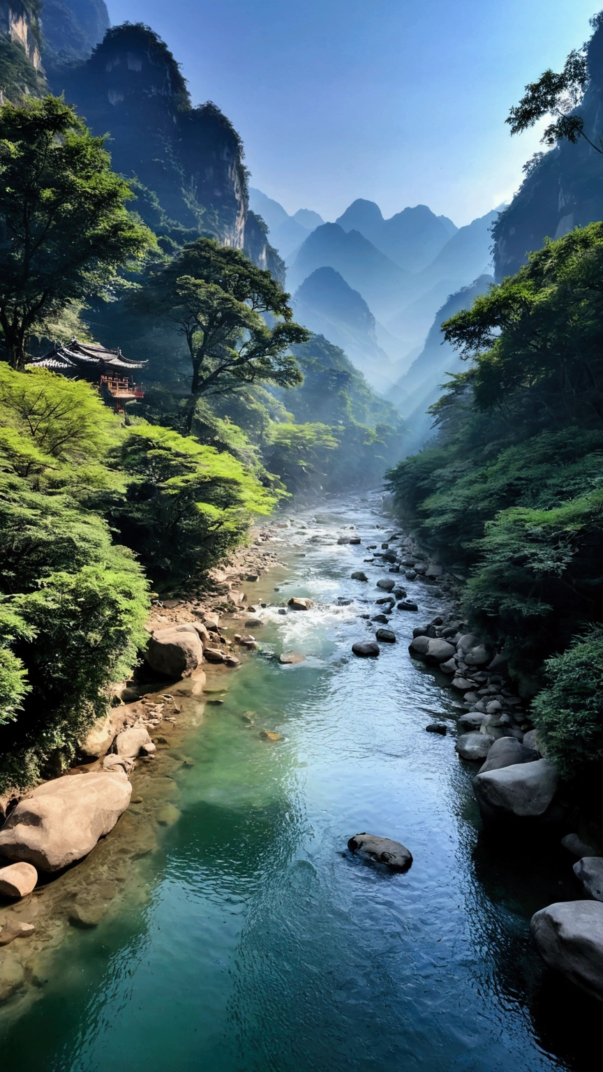 Taking photos in the creek，The stream is clear and flowing，Like the mountains in Zhangjiajie，Mountain tops shrouded in mist，Looming，Sunlight on the mountains，Like a Chinese ink painting，Clear tones
