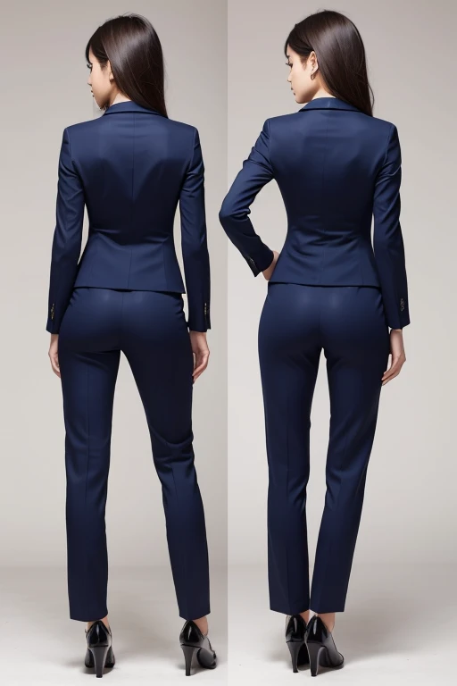 Back view of a girl in a tight pantsuit。The face turns around and looks this way, 