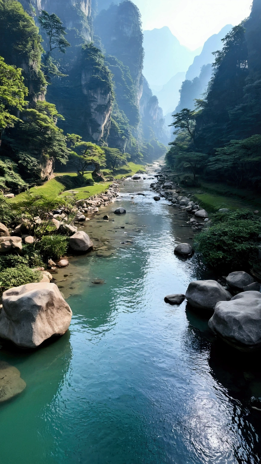 Taking photos in the creek,The stream is clear and flowing,Like the mountains in Zhangjiajie,Mountain tops shrouded in mist,Looming,Sunlight on the mountains,Like a Chinese ink painting,Clear tones