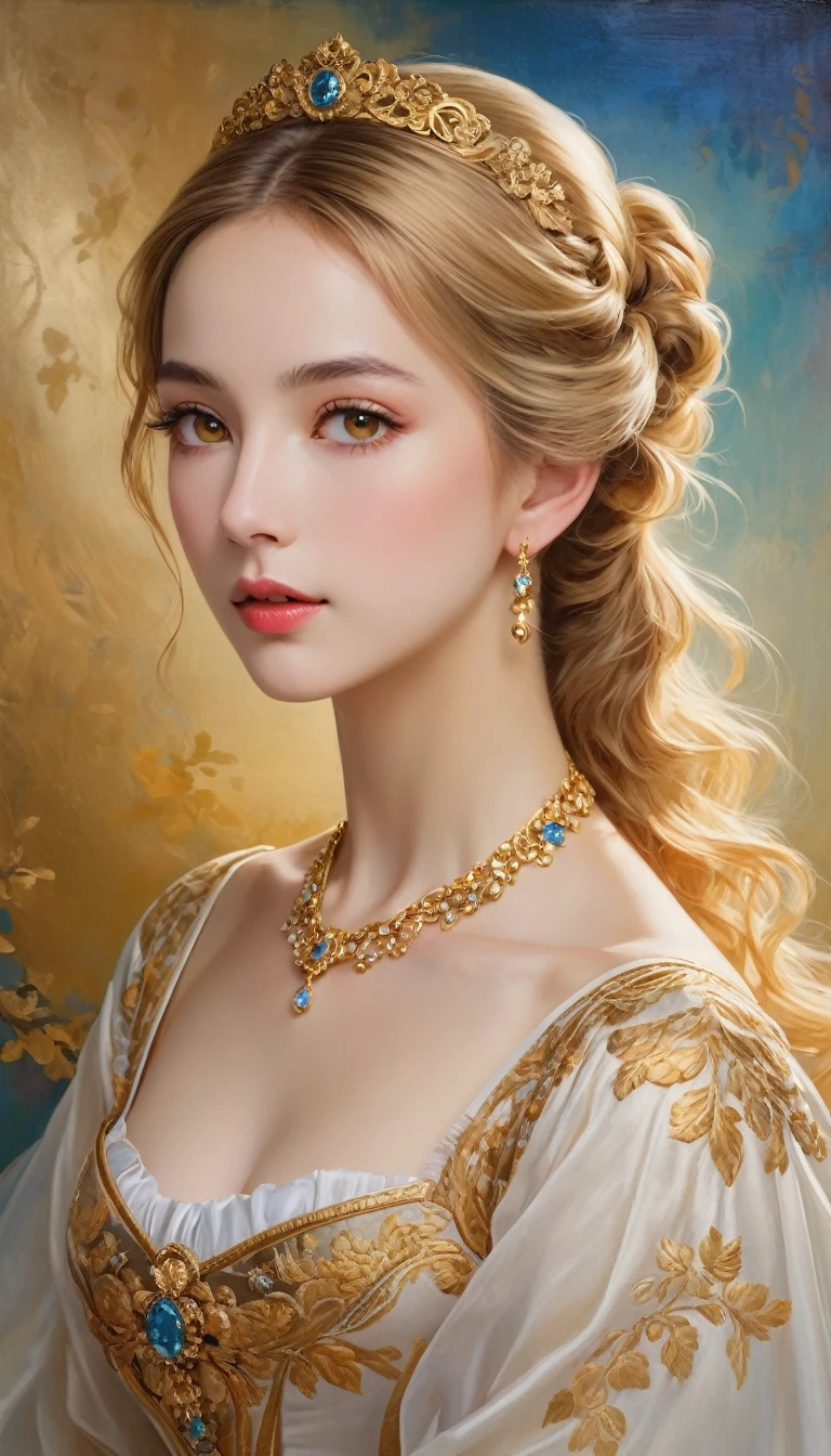 (high resolution,masterpiece:1.2),(Practical:1.37)"(best quality, high resolution, Very detailed, Practical),Beautiful portrait of a 19th century French ballerina, (She is half Scottish,Half Japanese., She is a beautiful woman,With golden eyes and a long nose.:1.1), Exquisite ballet costumes, Detailed facial features, Slender and graceful neck, Golden necklace, Flowing blond hair, Calm and elegant posture, Soft and delicate lighting, Classical oil painting material, Vibrant colors, Delicate background with golden pattern", Dreamy atmosphere, Surrealism,Mysterious atmosphere
