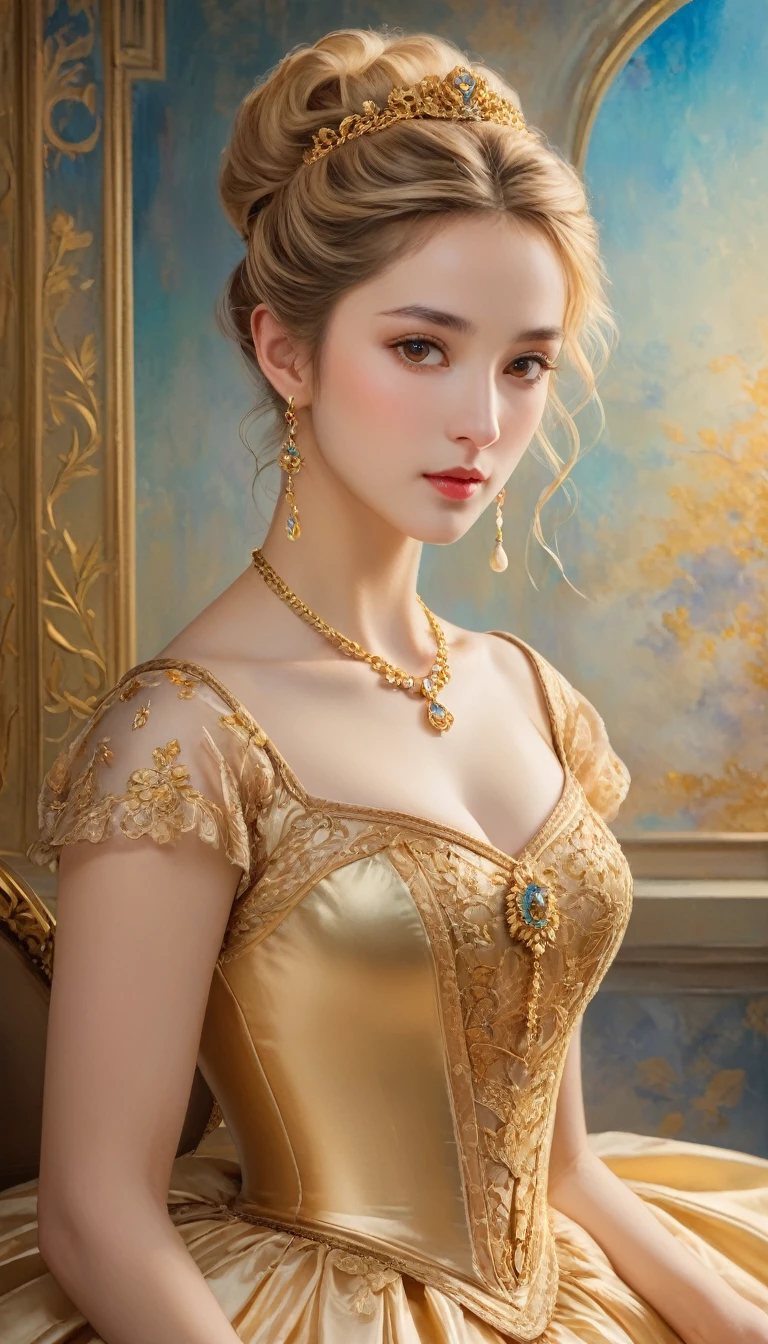 (high resolution,masterpiece:1.2),(Practical:1.37)"(best quality, high resolution, Very detailed, Practical),Beautiful portrait of a 19th century French ballerina, (She is half Scottish，Half Japanese., She is a beautiful woman，With golden eyes and a long nose.:1.1), Exquisite ballet costumes, Detailed facial features, Slender and graceful neck, Golden necklace, Flowing blond hair, Calm and elegant posture, Soft and delicate lighting, Classical oil painting material, Vibrant colors, Delicate background with golden pattern", Dreamy atmosphere, Surrealism,Mysterious atmosphere