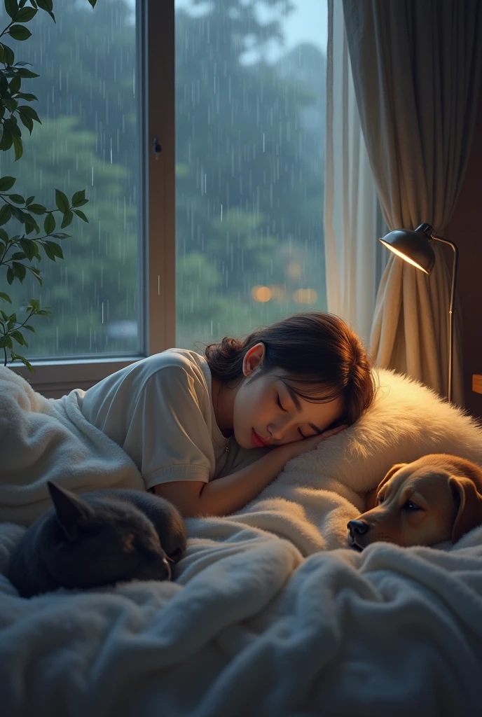 One room one girl sleeping ,one cat sleeping ,one dog sleeping ,windows open and outside rain