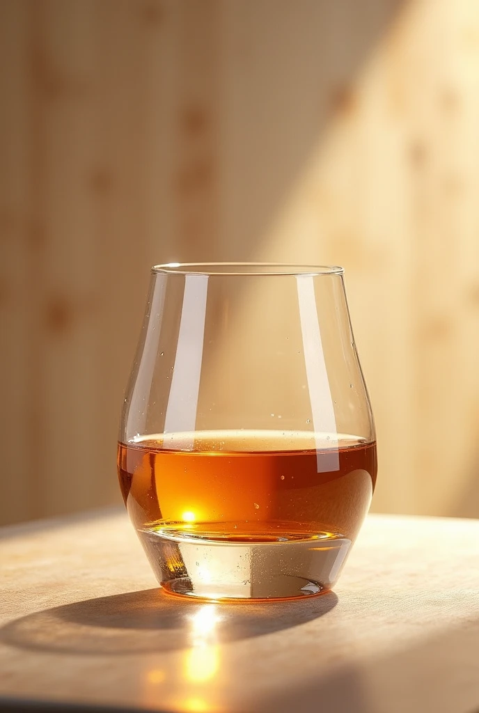 show a short glass of wiskey with many details with a beige background with many details and a shadow