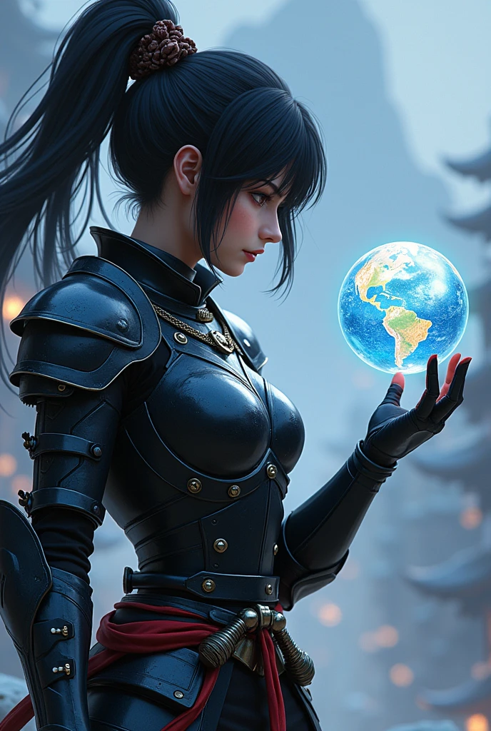 (masterpiece:1.2, best quality,high resolution,Very detailed),8K,wallpaper,(Very detailed),(Armored Core Style),Woman in ninja armor,Ponytail,Black Hair,Looking at the Earth in my hand