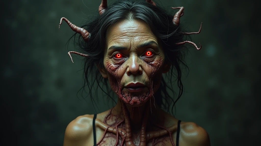 A scary Cambodian woman with red-eye and messy hair and have only the intestines, heart, and liver are attached to her heads. 8k