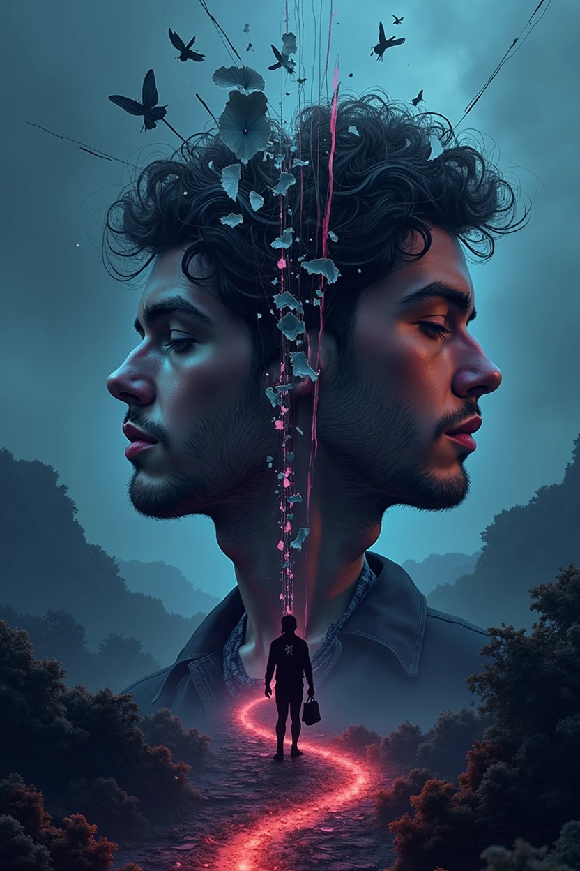 Create a melancholic and introspective album cover for the song 'QUEM SOU?,' capturing the themes of identity crisis, emotional disarray, and the search for self. The scene should feature a fragmented mirror or reflective surface, with each shard reflecting a different version of the same male face, symbolizing the fractured identity and confusion of the self. The background is a dark, surreal landscape with twisting paths leading in different directions, representing the uncertainty of the future and the struggle to find a true path. The color palette should include deep blues, purples, and muted grays, evoking a sense of melancholy and introspection.
Abstract male figures or shapes can be seen in the background, subtly blending into the shadows, representing the pressures and expectations that distort one's true self. Faint glimmers of neon light add an electro-pop feel, while a soft, diffused glow around the fragmented mirror hints at the possibility of clarity or self-discovery amidst the darkness. The album title 'QUEM SOU?' should be written in a blend of bold, distressed font and softer, flowing script, seamlessly integrated into the image, reflecting the conflict and search for identity.