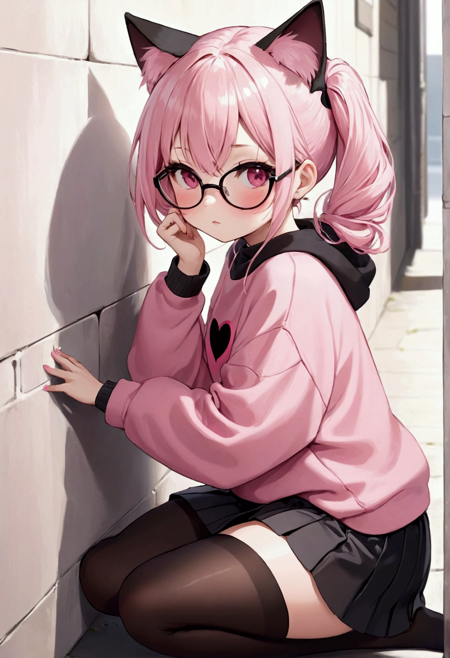 I have white pink hair, cat ears, a bun, my face is super blushing, black glasses, pink heart eyes, a big pink sweatshirt, a black skirt, black stockings, white shoes, a cat&#39;s tail, a girl. very shy that she is glued to a wall with her butt