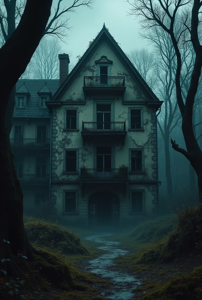 (detailed) creepy ,((dark)), abandoned sanatorium, scary, forest