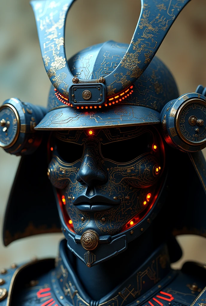 A Japanese samurai mask features components simulating electronic applications，The mask is decorated with electronic chip components.，