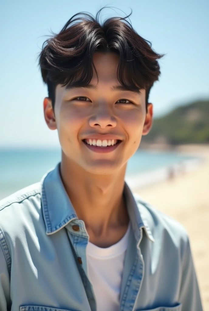 A Korean man) 20 years old) white) wearing a casual shirt) looking straight at the camera and smiling, the background is a beach scene, daytime) Close-up
