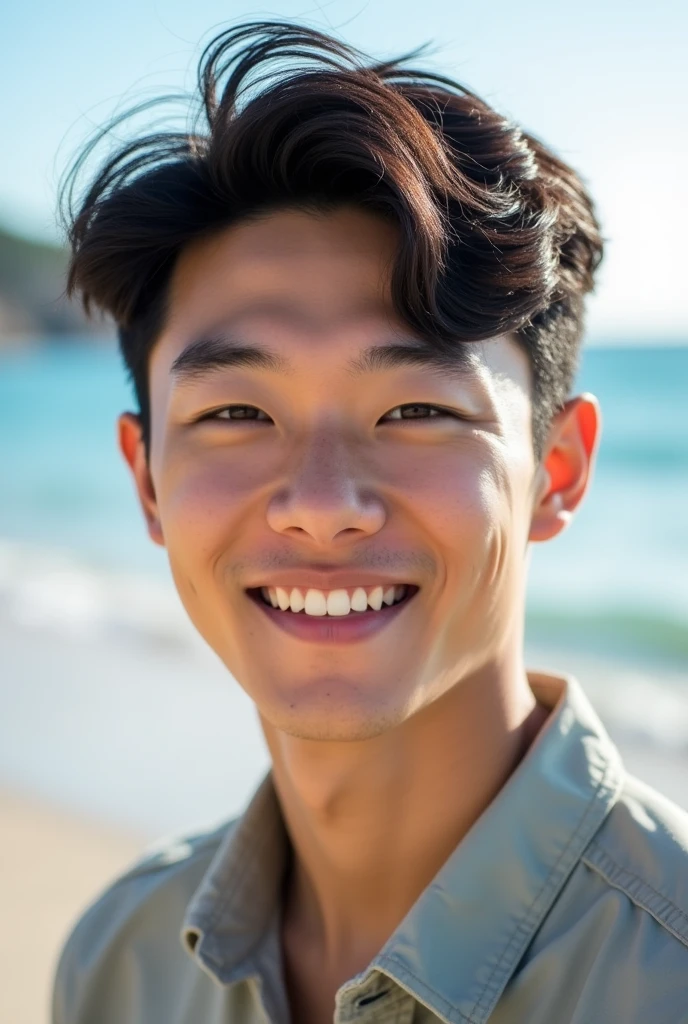 A Korean man) 20 years old) white) wearing a casual shirt) looking straight at the camera and smiling, the background is a beach scene, daytime) Close-up