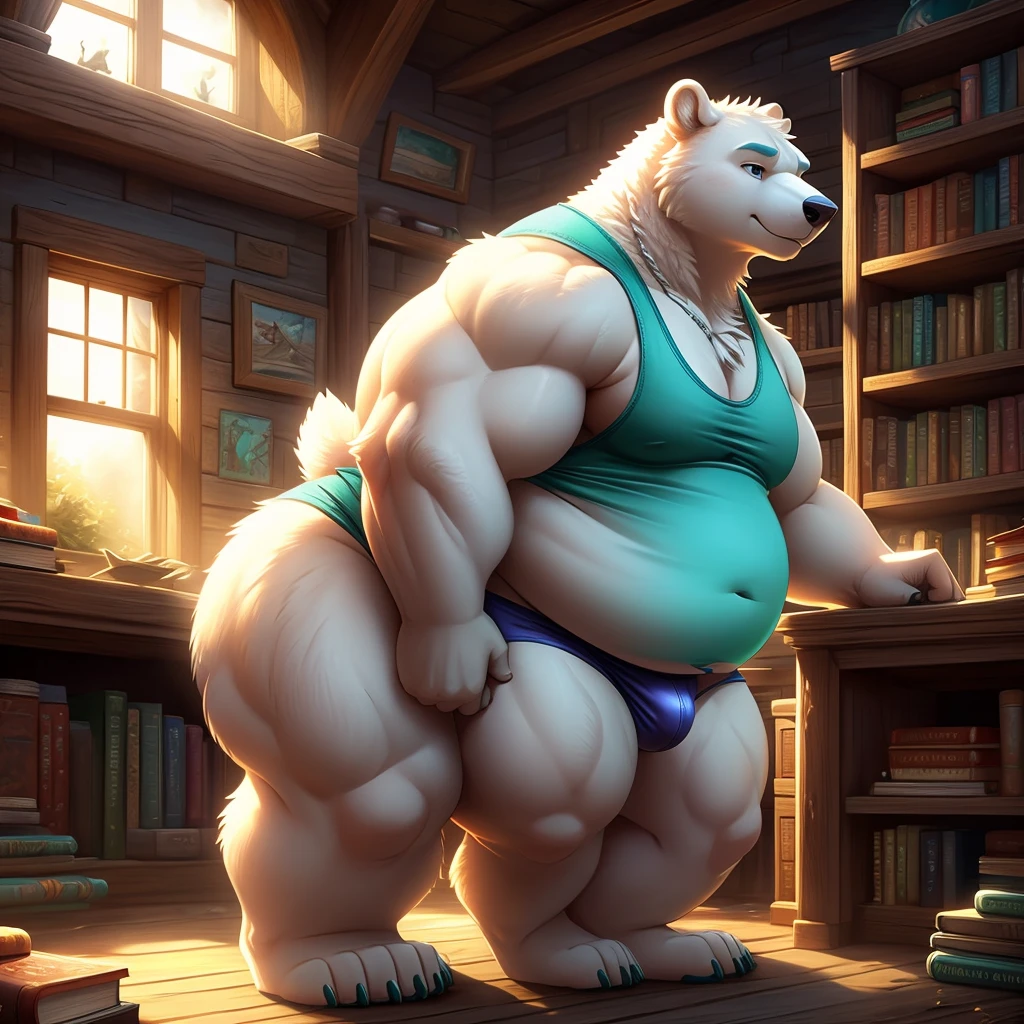 Adventure stories, Epic Zootopia character, Dungeons and Dragons style, He is very Obese and very muscular character, He is a member of a tribe of magical creatures who are trained for battle, developing their bodies to grow their muscles, their bodies and fatten them up to create a robust and strong warrior. (cute, fat, obese, anthro, male, polar bear), nude, (((cropped cyan tank top, cyan briefs))), room, window, book shelf, table, sunlight, ambient lighting, full of effects, centered, dynamic, highly detailed, intricate details, side view, detailxl