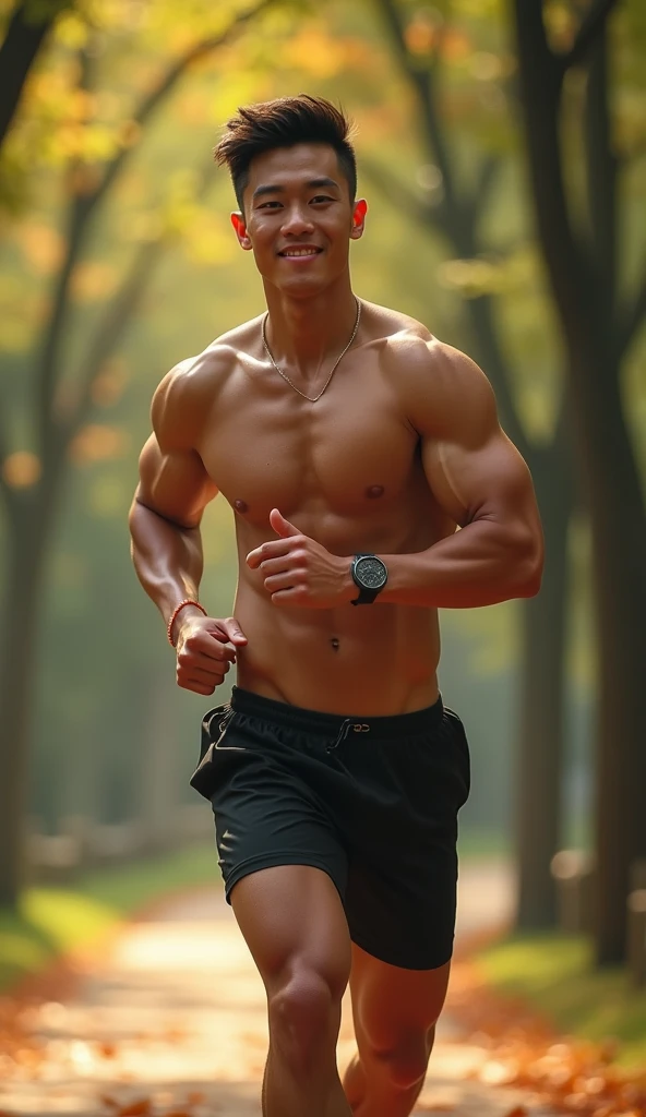 photorealistic, best quality, masterpiece, extremely detailed, sexy, homoerotic, extremely handsome, youthful, 25 year old muscular taiwanese man, ((muscular bodybuilder)), ((massive thighs)), tight booty shorts, big bubble butt, very sweaty, looking back at camera, big smile, happy, running at park, extremely romantic atmosphere, perfect face, perfect fingers, perfect hands, perfection