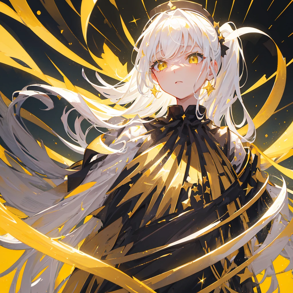 A girl with a white high ponytail，White hair，Gorgeous clothes，Black gold tone，Stars are shining around the body，Gold decorations，((Pure yellow background))
