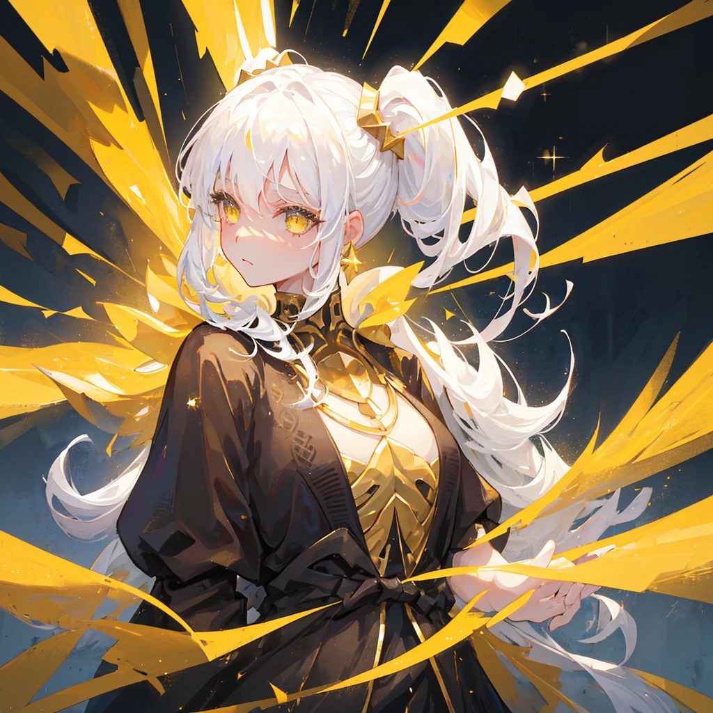 A girl with a white high ponytail，White hair，Gorgeous clothes，Black gold tone，Stars are shining around the body，Gold decorations，((Pure yellow background))