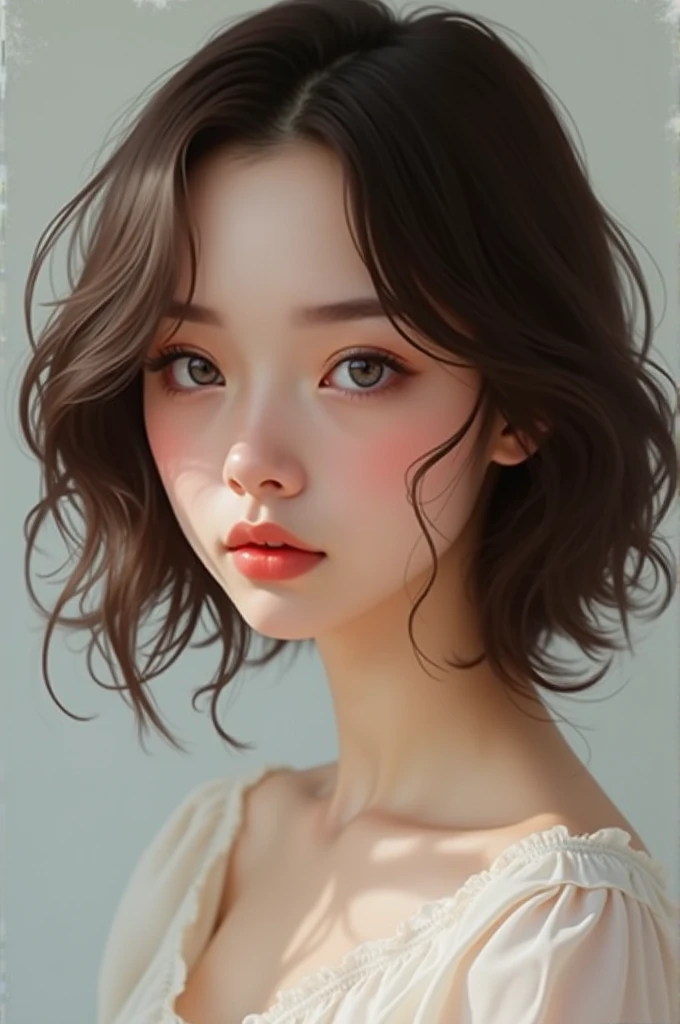Wavy brown hair girl, White skin, and gray eyes