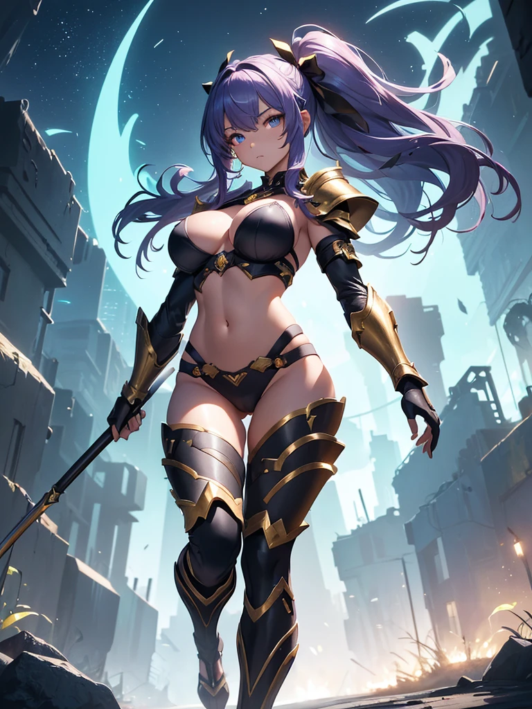 night forest, solo, 1 girl, 17yo, silver bikini armor with gold edged, (metal armor with navel exposed:1.4), holding beautiful spear, dark-violet hair, long twintails, hair ribbon, (beautiful face and beautiful eyes:1.36), huge breasts, big butt, bare feet, thicc body, walking, (best quality, master piece, ultra details, 16k, ultra highres, illustration, best shadow, vivid color, correct anatomy:1.2)