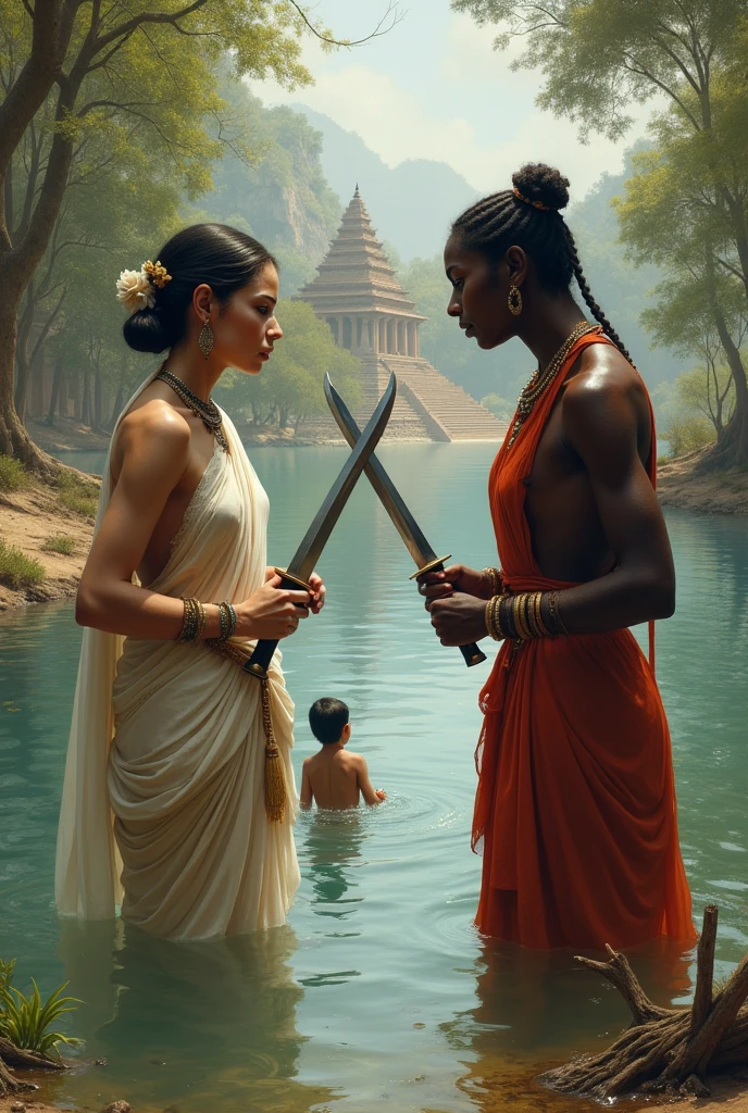 Pale white skinned North Indian slave woman with dark skinned child, and dark skinned south indian slave woman with pale white skinned child, gupta era, both are sitting beside a lake, threaten eachother with a knive to their throat  while their children play in the lake