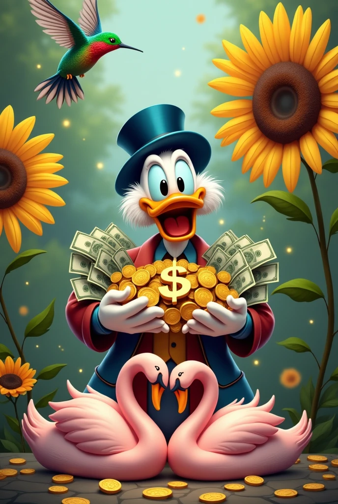 Create an image of an ideal size to place on your phone's home screen with the following images: Uncle Scrooge smiling with several banknotes and several gold coins, forming a dollar sign with the money. Ao redor dele, There are several hummingbirds smelling very yellow sunflowers and on the ground there are two pink swans forming a heart because they are close together.