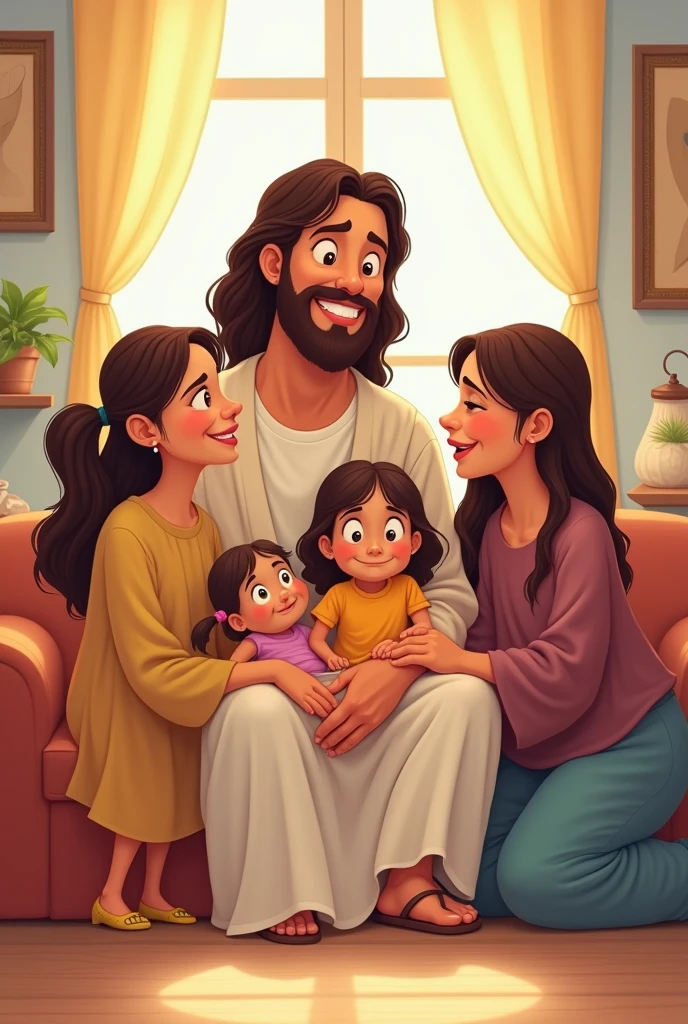 Cartoon Jesus takecare family mother, father with shave face, 2 s