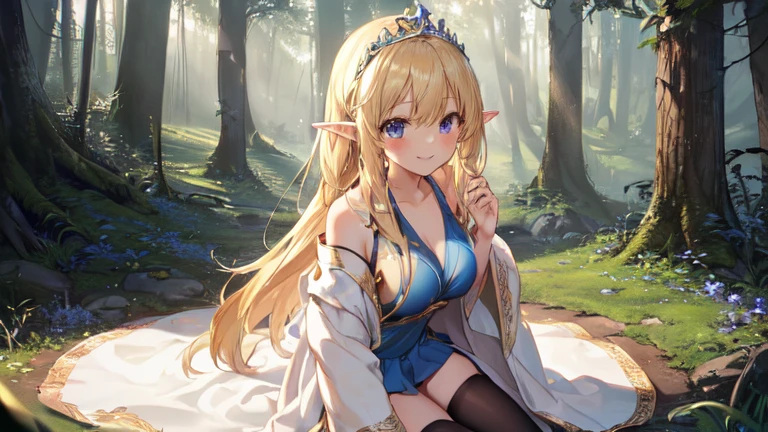 best quality、Highest image quality、Super beautiful elf beauty((22-year-old OL with big bust、Bust 90,Beautiful long permed hair、Blonde、Slender、beautiful tiara、high quality、Elf ears、Happy smile、myth、Sexy的、extremely good、Mysterious Forest、in the woods、super high quality, Super detailed, Ultra-clear, forest, one person, long blonde hair, sleep, Swimsuit, dress, dress, Bathrobe, mini skirt, Stockings, Sexy, looking into the distance,Overlooking, posture, attitude, model