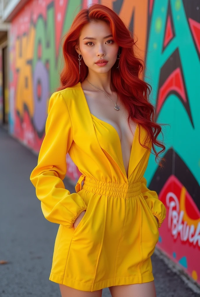 beautiful kpop idol girl wearing a yellow hip-hop dress covered elegantly, her long red hair beauty in ponytail curly, against the backdrop of a graffiti wall during the day