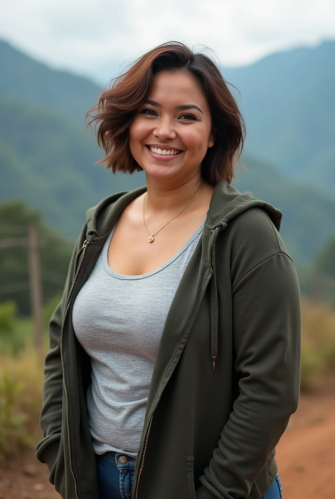 Beautiful latina with light brown eyes, 40 years old, female wearing a t-shirt, hoodie closed, full body view, in colombia, on a mountain, almond shaped eyes, oval face shape, plus size body, M body, short naturally wavy hair, high resolution, masterpiece, best quality, intricate details, highly detailed, sharpness, detailed skin texture, eye details, profession, 4k resolution, charming smile, shot with cone, depth of field, kodak vision color, 100 kilos, extremely detailed, ultra realistic photography, realistic photo, post processing, maximum detail, true to life, instagram model.
