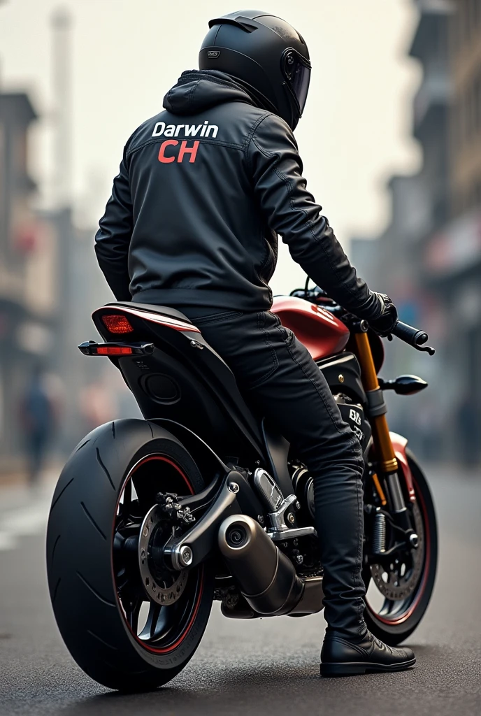motorcyclist young with helmet on a big sport motorcycle (posing) with a jacket that has his name Darwin Ch on the back
