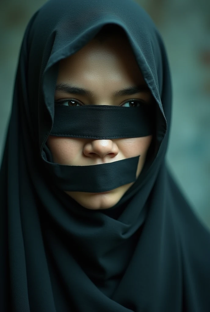 (photography)(dynamic) A closeup face of a female Malay, wearing hijab. Tape gagged mouth. Blindfolded.