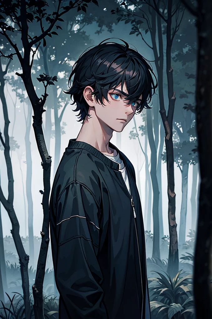 (Overhead view), dynamic angle, ultra-detailed, illustration, close-up, straight on, 1boy, ((short, messy hair, worn simple clothes:1.4, tired eyes)), His expression shows deep sadness and hopelessness, (dark forest:1.2), (tall, shadowy trees), (faint light filtering through branches:1.1), (slightly slumped shoulders), (walking alone), (night:1.2), [[detailed facial features and expression:0.85]::0.95], (emotional tension), (moody atmosphere).