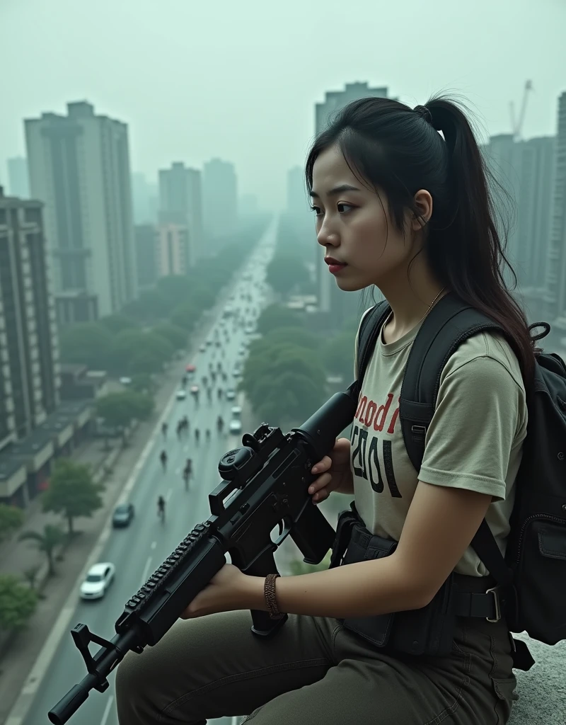 A striking post-apocalyptic photo of a asian woman clad in survival gear, wearing a t-shirt with the phrase "ngadi" printed on it. She is seated on the edge of a rooftop, overlooking a desolate city with zombies crawling through the streets below. She holding an Ak47 assault rifle, radiating a strong sense of determination and resilience. The backdrop of the image is a hauntingly empty cityscape, with a somber color palette that highlights the stark reality of the situation.
