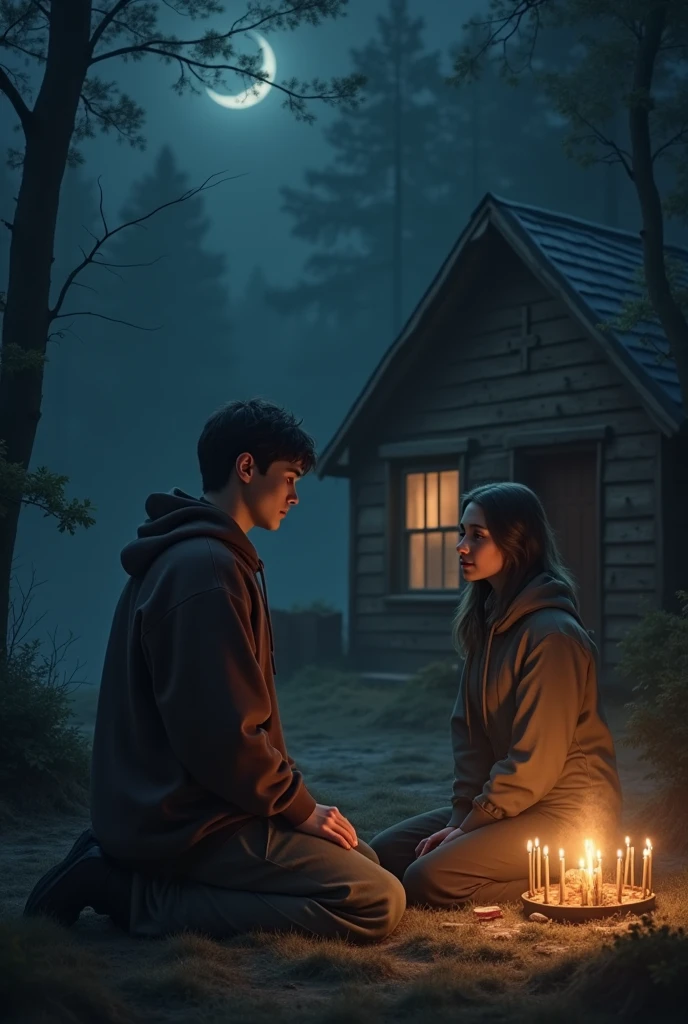 let it be at night, WHERE THERE IS A YOUNG MAN AND A LADY ON THEIR KNEES IN FRONT OF THE Blessed Sacrament of Jesus, next to them or in the background there is a camping house , religious