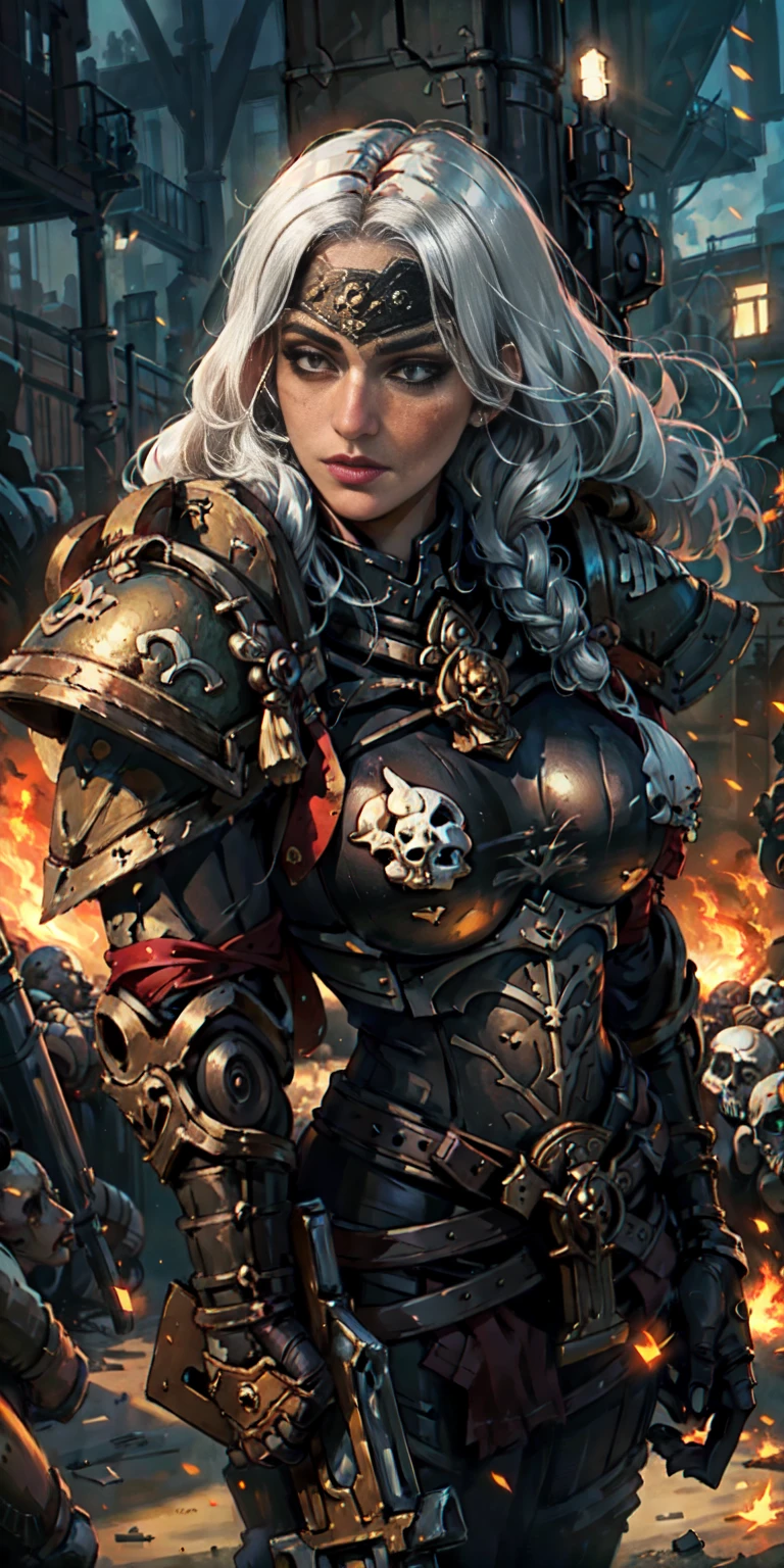 (masterpiece:1.2), (best quality:1.2), perfect eyes, perfect face, perfect lighting, Christina Chong beautiful face, narrowed eyes. smirk. black braided hair solo,long hair, mature bigbreastplate whore Sororitas with bolter gun in hands, blindfolded cover eyes, white hair, skulls on the ground, warhammer 40k, detailed battlefield background
