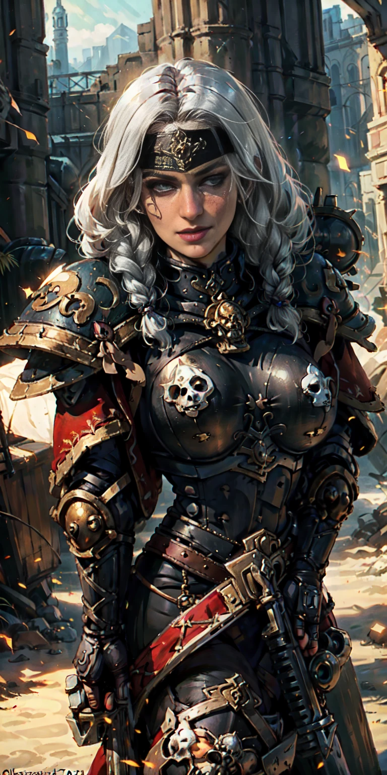 (masterpiece:1.2), (best quality:1.2), perfect eyes, perfect face, perfect lighting, Christina Chong beautiful face, narrowed eyes. smirk. black braided hair solo,long hair, mature bigbreastplate whore Sororitas with bolter gun in hands, blindfolded cover eyes, white hair, skulls on the ground, warhammer 40k, detailed battlefield background
