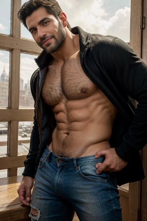 A portrait of characters [muscular 35 years old (man rubio ruso ), hairy body, Alpha male, huge biceps, defined abs, woolly fur, elegant, black Jeans, , chaqueta white deportiva de new york yankees, super fashion, botas de trabajo seductive smile, My hero] Autumn Park, 4k, high detailed, beautiful, Dark Age, arte de Stanley artgerm, by Daniel F. Gerhartz, by Pino Daeni, Very detailed, Sharp focus. Backside man backside  close up, tatoo en un brazo