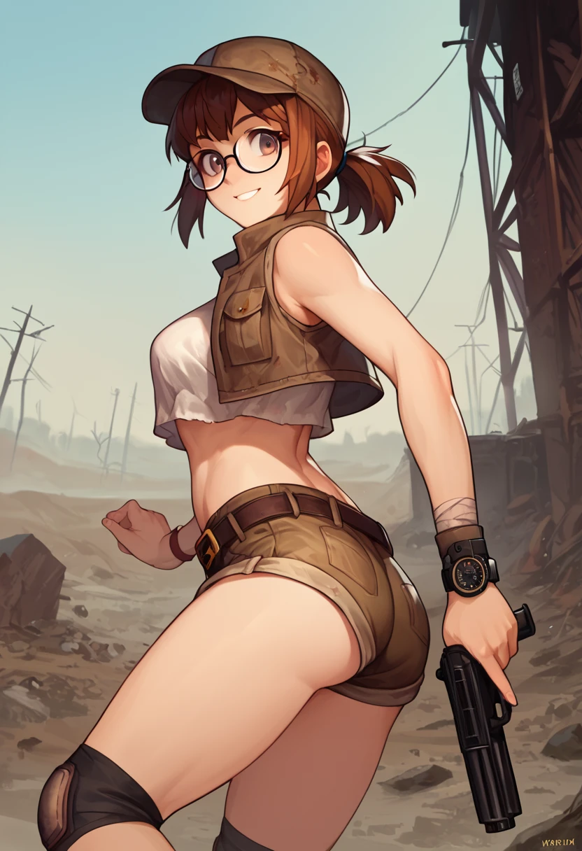 score_9, score_8_up, score_7_up, source_anime, fiogermi,1girl,fio germi, brown hair, glasses, medium hair, ponytail, brown eyes, crop top, hat, jacket, knee pads, shorts, sleeveless, navel, belt, outdoors, wasteland, gun, weapon, holding gun, smile,ass,looking at viewer, cowboy shot,dynamic pose, dutch angle, solo,behind view Wristwatch Gold or pink 