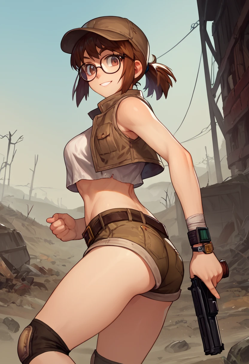 score_9, score_8_up, score_7_up, source_anime, fiogermi,1girl,fio germi, brown hair, glasses, medium hair, ponytail, brown eyes, crop top, hat, jacket, knee pads, shorts, sleeveless, navel, belt, outdoors, wasteland, gun, weapon, holding gun, smile,ass,looking at viewer, cowboy shot,dynamic pose, dutch angle, solo,behind view Wristwatch Gold or pink 