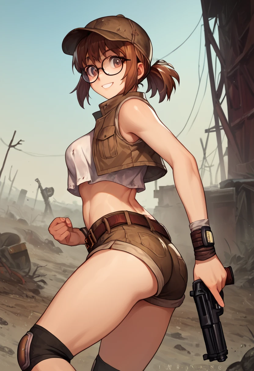 score_9, score_8_up, score_7_up, source_anime, fiogermi,1girl,fio germi, brown hair, glasses, medium hair, ponytail, brown eyes, crop top, hat, jacket, knee pads, shorts, sleeveless, navel, belt, outdoors, wasteland, gun, weapon, holding gun, smile,ass,looking at viewer, cowboy shot,dynamic pose, dutch angle, solo,behind view Wristwatch Gold or pink 