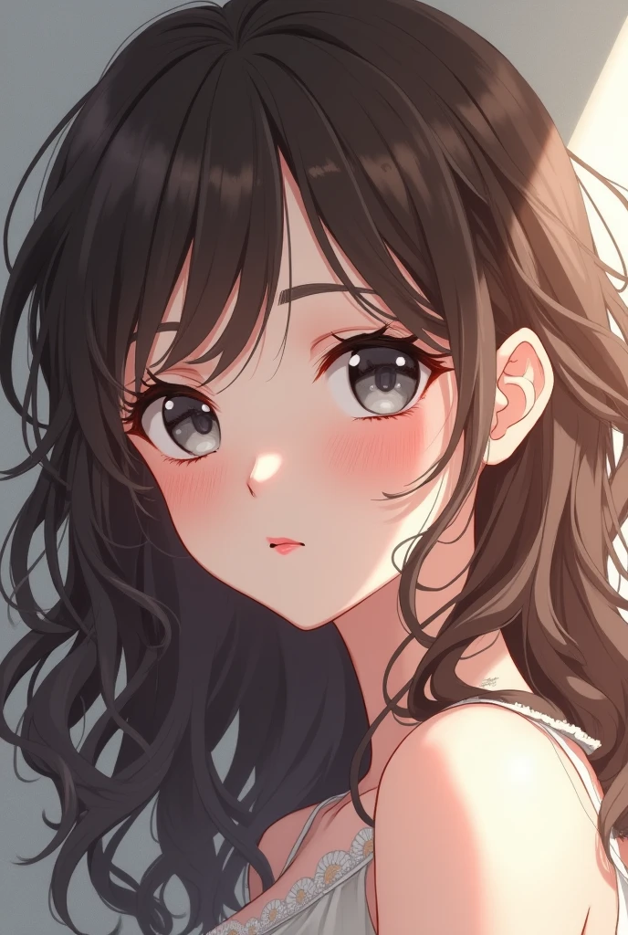 Wavy brown hair girl, White skin, and gray eyes anime style