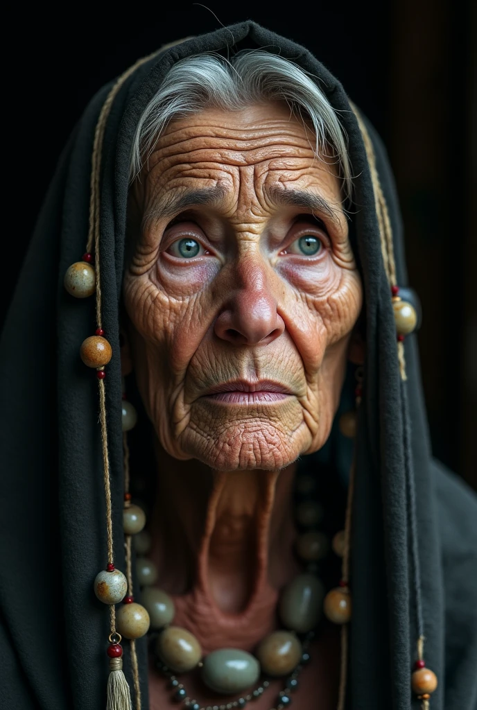 Older woman looking forward, fortune teller,Beaded accessories, Dry Skin,dark backgrounds, realist, and 8K