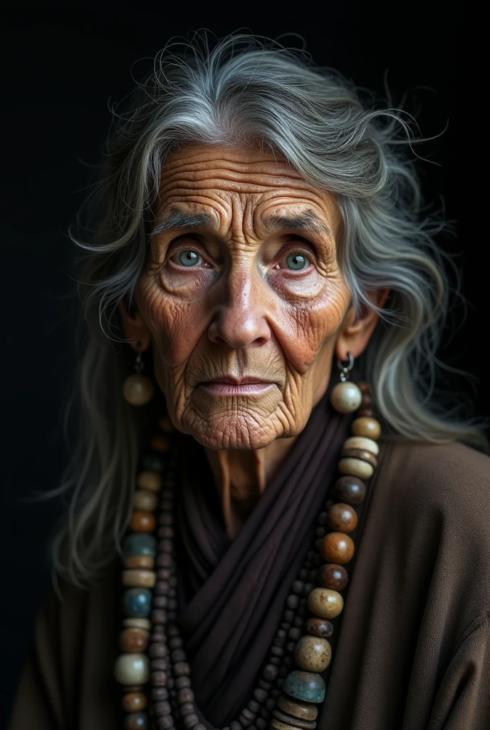 Older woman looking forward, fortune teller,Beaded accessories, Dry Skin,dark backgrounds, realist, and 8K