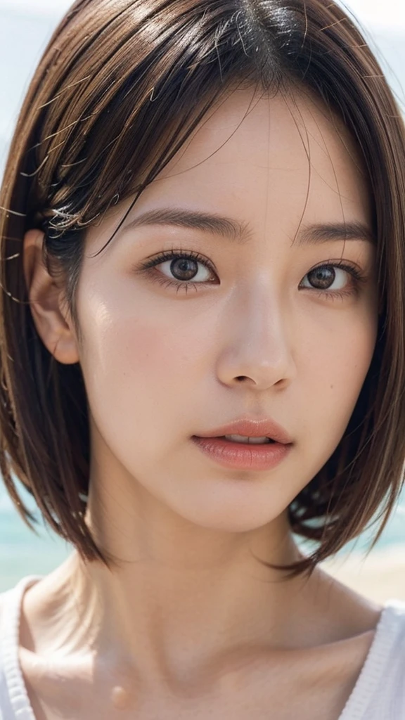 Model actress、One Woman、cool、Japanese and half European、Close-up of face、30 generation beauty、Realistic Skin、Seaside、short hair