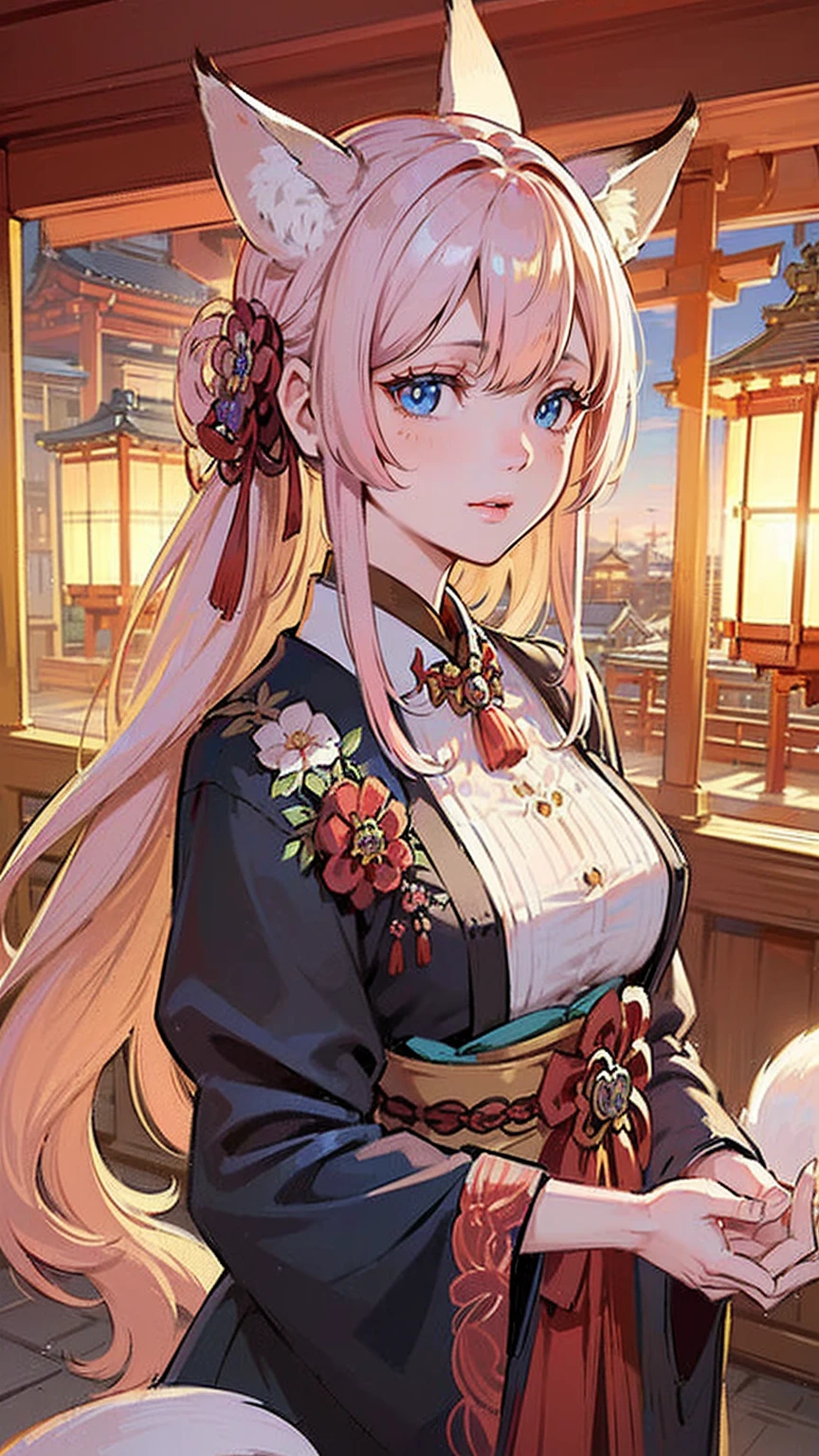 (((Masterpiece))), (((Highest quality))), ((Ultra-detailed)), ((Super fine illustration)), ((Ultra-fine painting)), (16K highest quality wallpaper:1.4), (Upper body:1.6), HDR, (Highly detailed and delicate illustration style:1.8), Detailed skin texture, Detailed cloth texture, Extreme detailed description, (T-masterpiece), (Highly detailed face:1.2), (Highly detailed fox ears:1.2), (Highly detailed shiny golden brown half updo:1.2), (Highly detailed clear blue eyes:1.2), Original, RAW photo, Professional, Intricate details, Super details, Direct light:1.6, (Perfect anatomy:1.4), (Highly detailed hands:1.2), (Highly detailed fingers:1.2), (Highly detailed fingertips:1.2), (27-years-old), Real, (Solo:1.8), ((A very beautiful and attractive fox fashion model with blue eyes wearing a bright red furisode with a floral pattern:1.4)) BRAKE (Beautiful and adorable fox ears:1.6), (Highly detailed and delicate fox ears:1.4), (Beautiful and well-shaped big breasts:1.2), (Beautiful and well-shaped buttocks), (Beautiful and shiny golden brown half updo:1.4), (Highly detailed and delicate golden brown half updo:1.2), (Beautiful clear blue eyes that shine with great detail:1.6), (Highly detailed and delicate blue eyes:1.2), (Highly detailed face:1.4), (Smile:1.5), (Blush:1.4), (Looking at viewer:1.4), (Celebration:1.4) BRAKE (Bright red furisode with floral pattern:1.4), (Japanese traditional costume:1.2) BRAKE (Concept art:1.2), (Detailed fantasy art:1.2) BRAKE (Highly detailed and delicate Ise Grand Shrine in Mie Prefecture in the background just after noon in spring:1.6), (Celebration:1.4), Ise Grand Shrine:1.4, Torii gate of Ise Shrine:1.4, cherry blossoms:1.2, Very beautiful in the sunny sky background just after noon:1.4 BRAKE