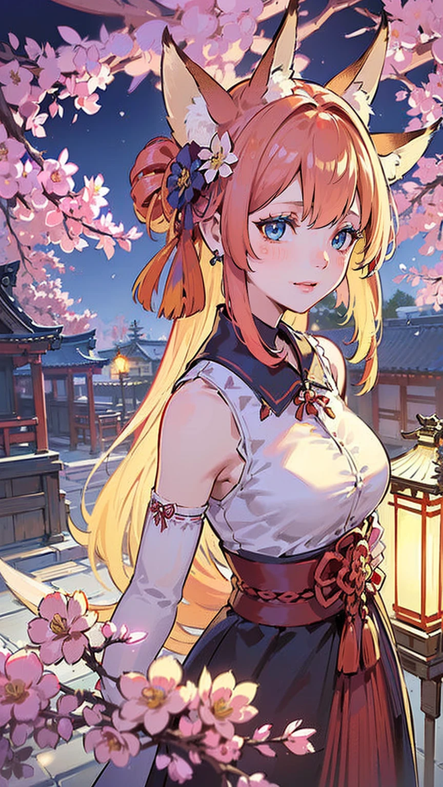 (((Masterpiece))), (((Highest quality))), ((Ultra-detailed)), ((Super fine illustration)), ((Ultra-fine painting)), (16K highest quality wallpaper:1.4), (Upper body:1.6), HDR, (Highly detailed and delicate illustration style:1.8), Detailed skin texture, Detailed cloth texture, Extreme detailed description, (T-masterpiece), (Highly detailed face:1.2), (Highly detailed fox ears:1.2), (Highly detailed shiny golden brown half updo:1.2), (Highly detailed clear blue eyes:1.2), Original, RAW photo, Professional, Intricate details, Super details, Direct light:1.6, (Perfect anatomy:1.4), (Highly detailed hands:1.2), (Highly detailed fingers:1.2), (Highly detailed fingertips:1.2), (27-years-old), Real, (Solo:1.8), ((A very beautiful and attractive fox fashion model with blue eyes wearing a bright red furisode with a floral pattern:1.4)) BRAKE (Beautiful and adorable fox ears:1.6), (Highly detailed and delicate fox ears:1.4), (Beautiful and well-shaped big breasts:1.2), (Beautiful and well-shaped buttocks), (Beautiful and shiny golden brown half updo:1.4), (Highly detailed and delicate golden brown half updo:1.2), (Beautiful clear blue eyes that shine with great detail:1.6), (Highly detailed and delicate blue eyes:1.2), (Highly detailed face:1.4), (Smile:1.5), (Blush:1.4), (Looking at viewer:1.4), (Celebration:1.4) BRAKE (Bright red furisode with floral pattern:1.4), (Japanese traditional costume:1.2) BRAKE (Concept art:1.2), (Detailed fantasy art:1.2) BRAKE (Highly detailed and delicate Ise Grand Shrine in Mie Prefecture in the background just after noon in spring:1.6), (Celebration:1.4), Ise Grand Shrine:1.4, Torii gate of Ise Shrine:1.4, cherry blossoms:1.2, Very beautiful in the sunny sky background just after noon:1.4 BRAKE