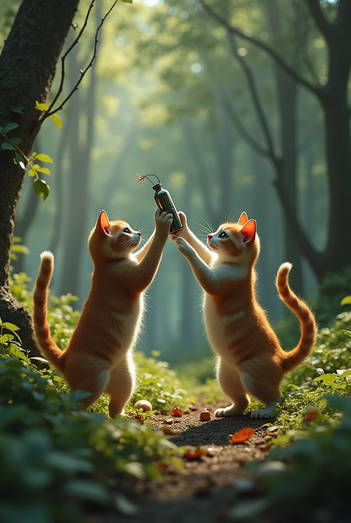 (photorealism:1.2) cat hitting another with a bomb behind them in a forest