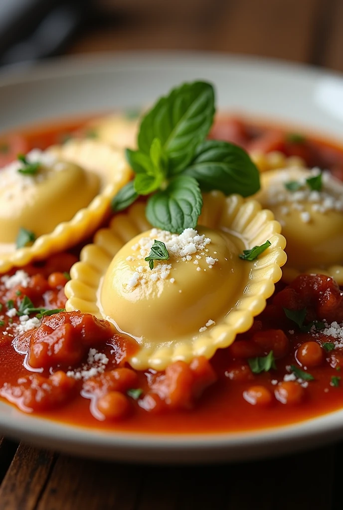 A recipe, a cheese-filled ravioli in a sausage ragu sauce