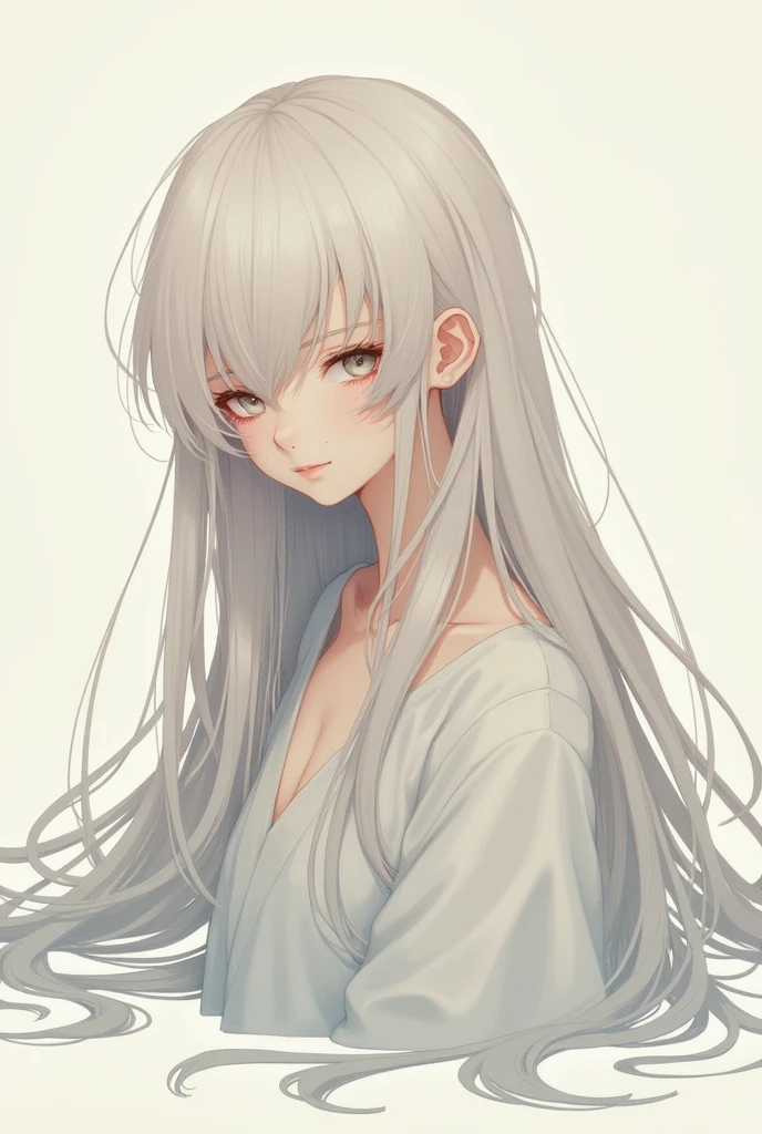 With long hair that reaches the floor、Bangs are long enough to cover the eyes、Draw a beautiful androgynous boy。Please make it in a 2D style.。The face is in order.、I&#39;m a little weak-hearted